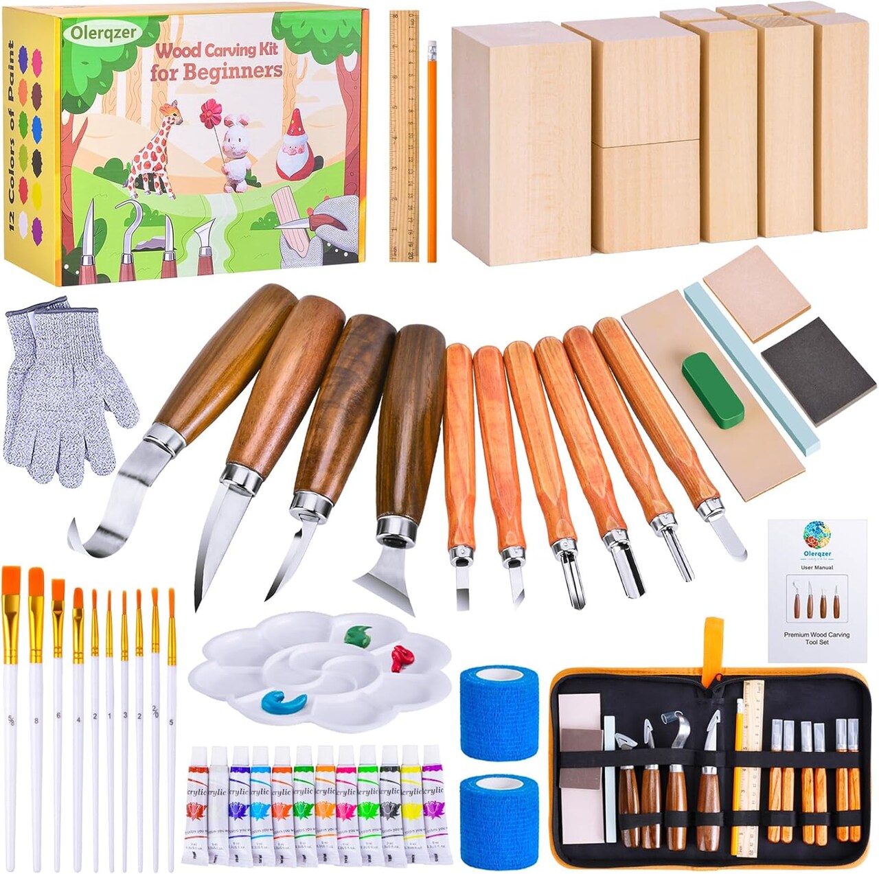 Wood Carving Tools for Beginners, 54 PCS Wood Carving Kit with Carving Hook Knife, Whittling Knife, Chip Carving Knife, Painting Set and Basswood Blocks,Wood Carving Knives for Sharpener Cup